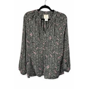 Sincerely Mary Boho Artsy Tunic Blouse Large Black Pink Feather Print Button Top